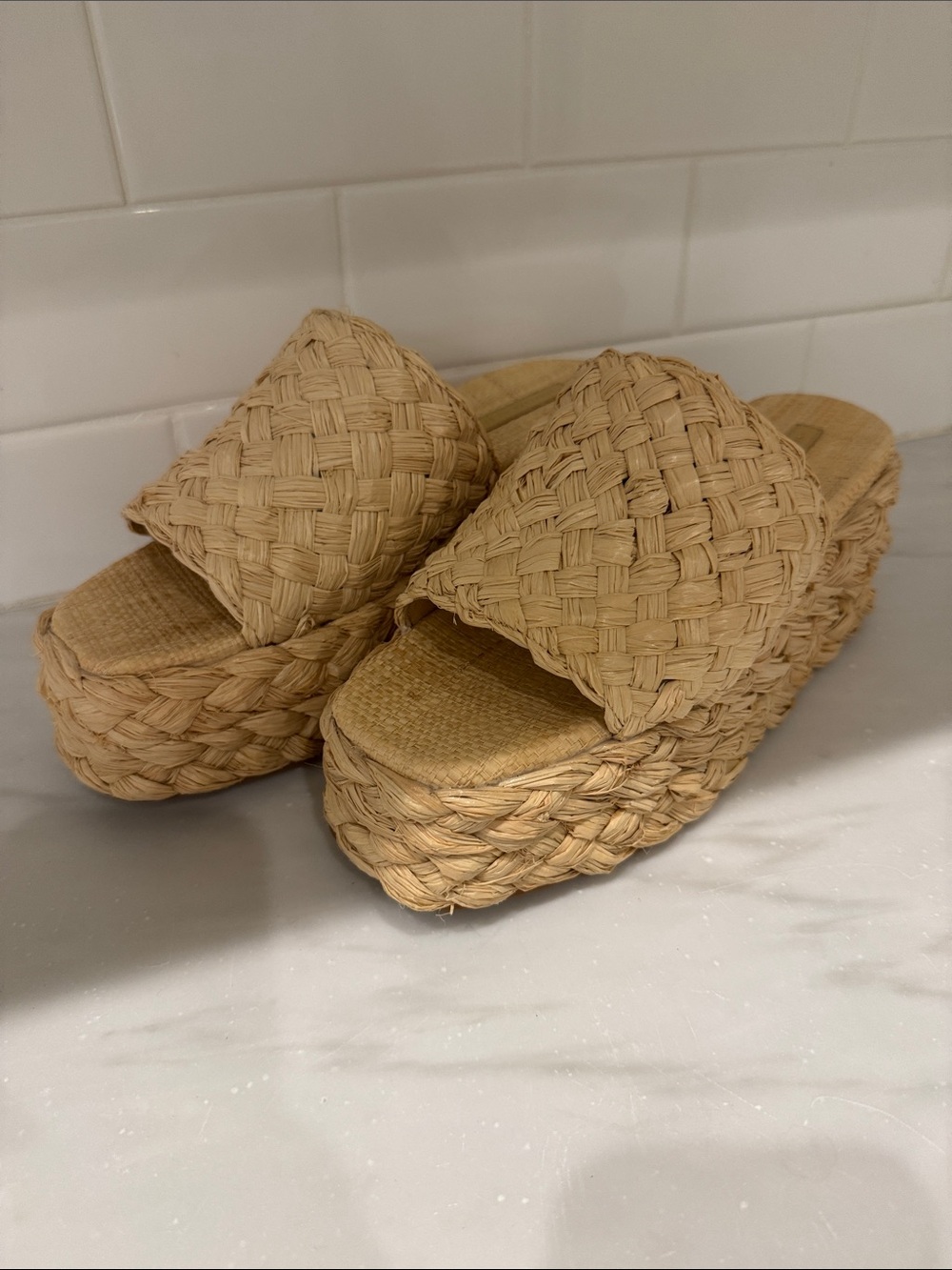 Loeffler Randall Woven Raffia Platform Slides in Natural